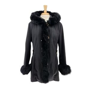 St. John Ladies Black Polyester w/ Genuine Fur Trim Hooded Jacket Coat Size L